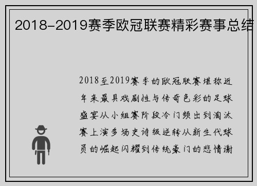 2018-2019赛季欧冠联赛精彩赛事总结