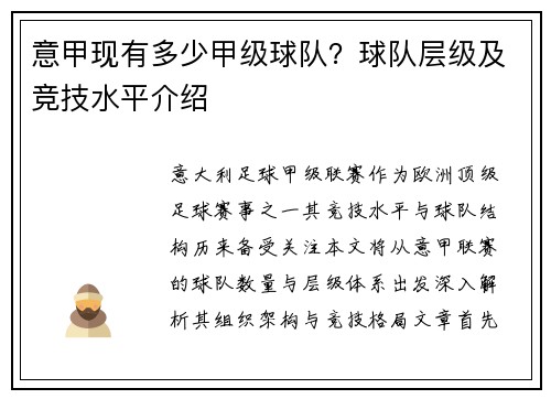 意甲现有多少甲级球队？球队层级及竞技水平介绍