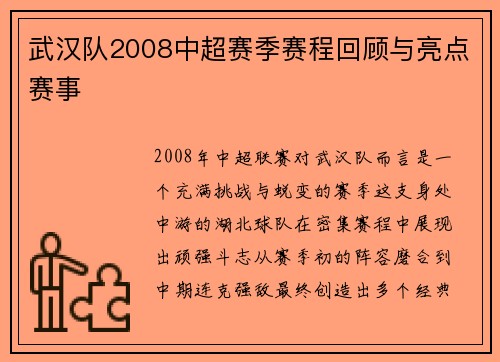 武汉队2008中超赛季赛程回顾与亮点赛事