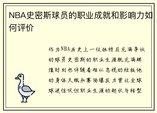 NBA史密斯球员的职业成就和影响力如何评价